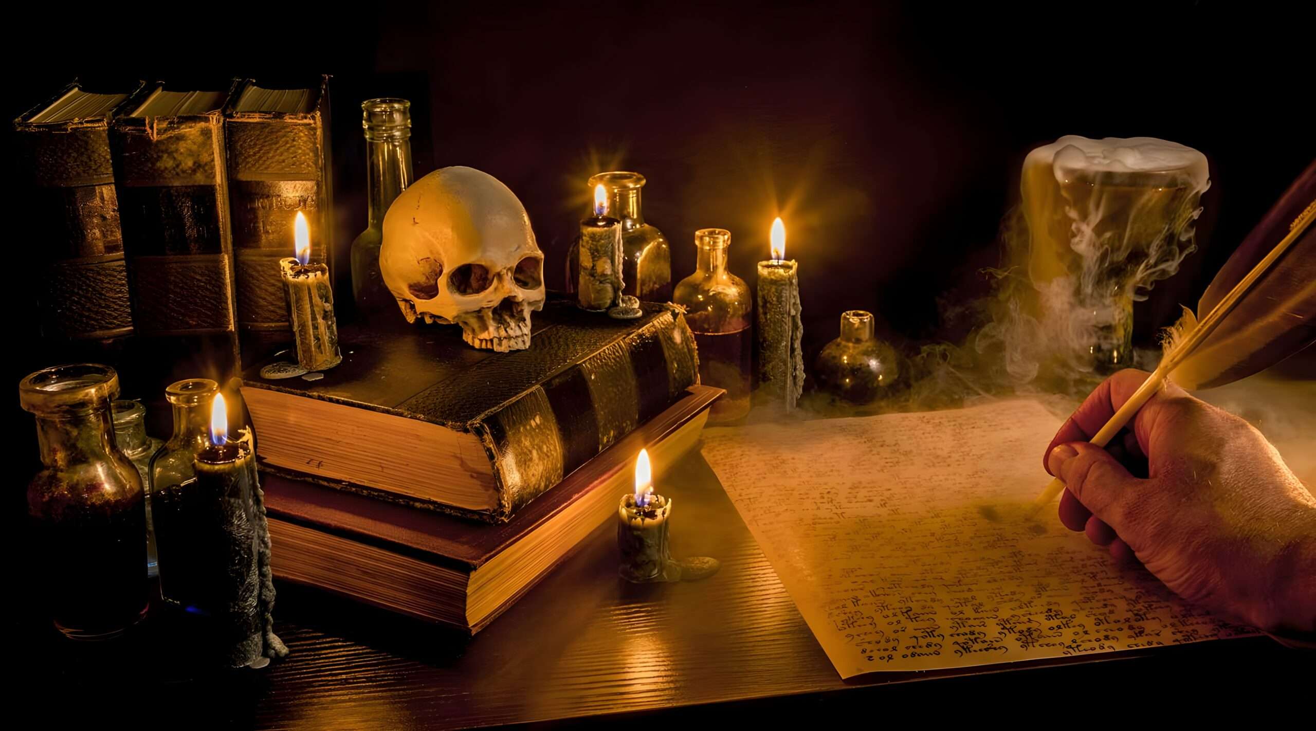 Satanic warlock is writing the Grimire of Satanism. Fine art visualization.