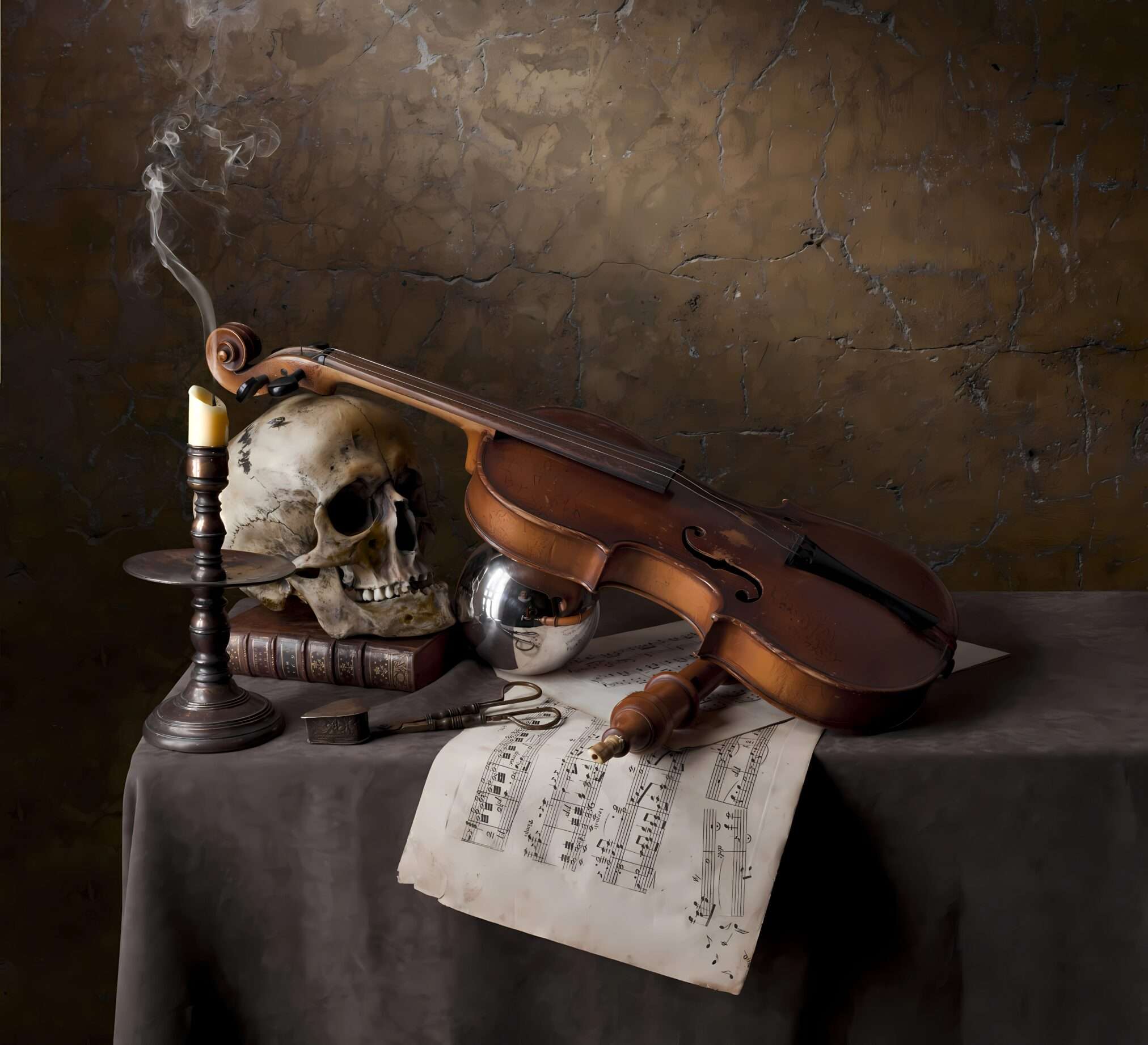 To symbolize the inevitability of death in works of art, the image of a skull is commonly used, suggesting the transience of life. This theme is quite common in painting, both directly and indirectly. A more direct example is when a skull or skeleton is associated with objects or people associated with life.
