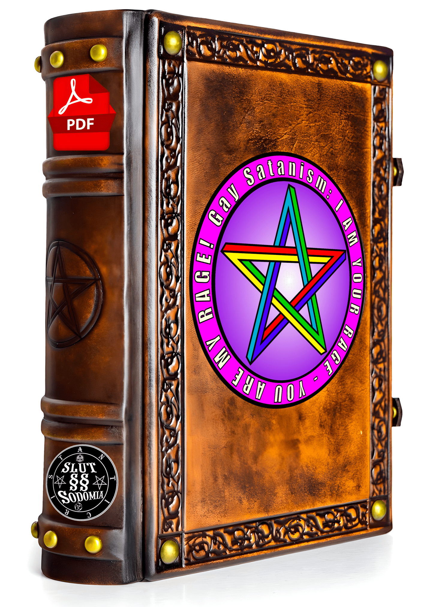 A visualization of a gay satanism publication, in the form of an antique leather-bound PDF book. This is an e-book of Gay Satanism in Adobe PDF format.